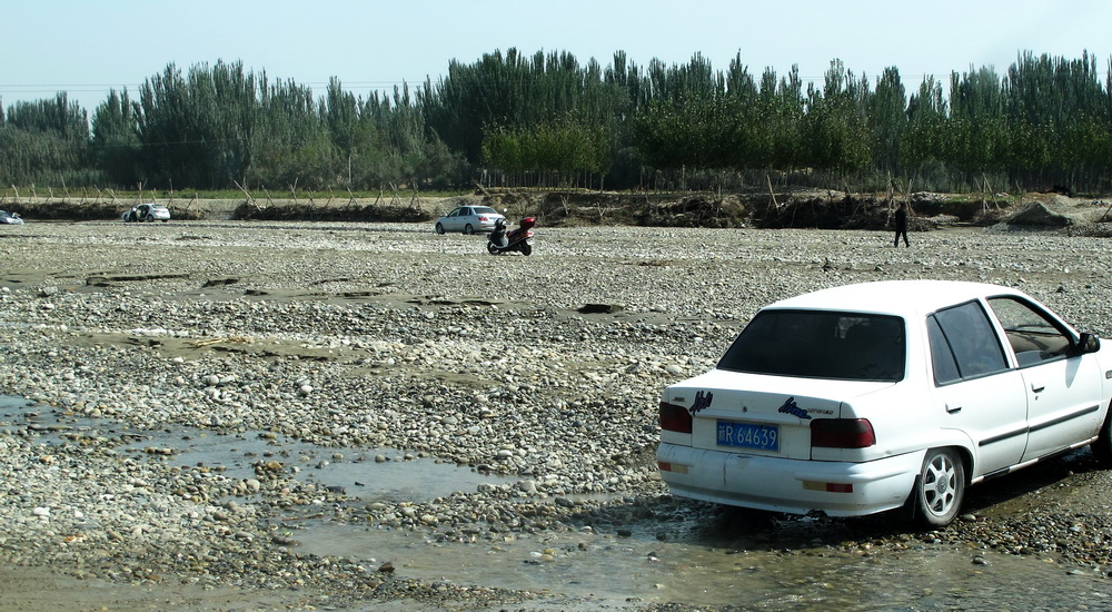 河滩里，观望的车辆。