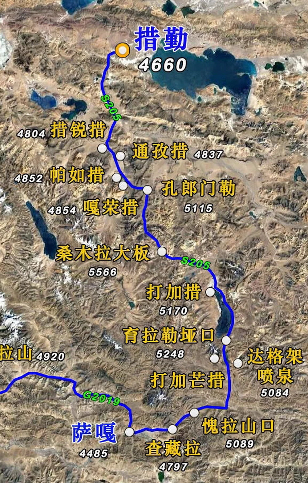 从萨嘎到措勤的路线图。